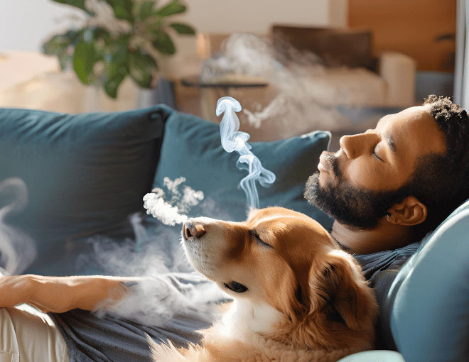 The dog owner reclines on the couch, eyes closed in relaxation, as wisps of vapor swirl from a portable nebulizer, enveloping him and his attentive canine companion.