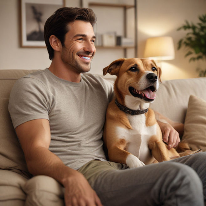 A man smiling while sitting on a couch with his dog, a serene environment promoting relaxation.